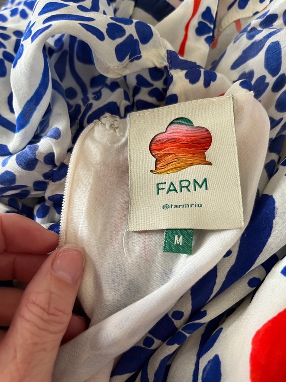 Farm Rio "Breeze" Blue & White Floral Maxi Dress with Orange Accents Size Medium - Picture 10 of 13